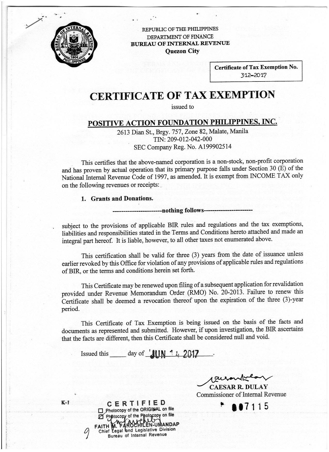 Certificate of TAX Exemption PAFPI